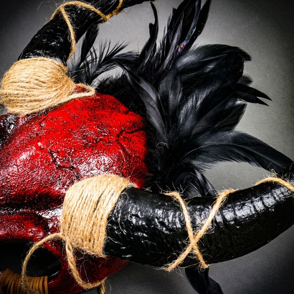 Halloween Red Skull Feather Mask Antelope Horns - Picture 6 of 8
